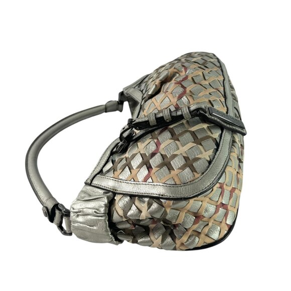 BURBERRY Silver Woven Leather and Nova Check Canvas Shoulder Bag Made in Italy - Picture 6 of 13